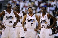 PHILADELPHIA - APRIL 24: (L-R) Thaddeus Young #21, Samuel Dalembert #1, Andre Miller #7 and Louis Williams #23 of the Philadelphia 76ers of the Orlando Magic during Game Three of the Eastern Conference Quarterfinals during the 2009 NBA Playoffs at the Wachovia Center on April 24, 2009 in Philadelphia, Pennsylvania. The 76ers won 96-94. NOTE TO USER: User expressly acknowledges and agrees that, by downloading and/or using this Photograph, user is consenting to the terms and conditions of the Getty Images License Agreement. (Photo by Jeff Zelevansky/Getty Images)