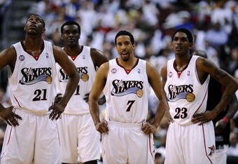 PHILADELPHIA - APRIL 24:  (L-R) Thaddeus Young #21, Samuel Dalembert #1,  Andre Miller #7 and Louis Williams #23 of the Philadelphia 76ers of the Orlando Magic during Game Three of the Eastern Conference Quarterfinals during the 2009 NBA Playoffs at the Wachovia Center on April 24, 2009 in Philadelphia, Pennsylvania. The 76ers won 96-94.  NOTE TO USER: User expressly acknowledges and agrees that, by downloading and/or using this Photograph, user is consenting to the terms and conditions of the Getty Images License Agreement. (Photo by Jeff Zelevansky/Getty Images)