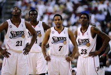 PHILADELPHIA - APRIL 24:  (L-R) Thaddeus Young #21, Samuel Dalembert #1,  Andre Miller #7 and Louis Williams #23 of the Philadelphia 76ers of the Orlando Magic during Game Three of the Eastern Conference Quarterfinals during the 2009 NBA Playoffs at the Wachovia Center on April 24, 2009 in Philadelphia, Pennsylvania. The 76ers won 96-94.  NOTE TO USER: User expressly acknowledges and agrees that, by downloading and/or using this Photograph, user is consenting to the terms and conditions of the Getty Images License Agreement. (Photo by Jeff Zelevansky/Getty Images)