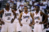 PHILADELPHIA - APRIL 24:  (L-R) Thaddeus Young #21, Samuel Dalembert #1,  Andre Miller #7 and Louis Williams #23 of the Philadelphia 76ers of the Orlando Magic during Game Three of the Eastern Conference Quarterfinals during the 2009 NBA Playoffs at the Wachovia Center on April 24, 2009 in Philadelphia, Pennsylvania. The 76ers won 96-94.  NOTE TO USER: User expressly acknowledges and agrees that, by downloading and/or using this Photograph, user is consenting to the terms and conditions of the Getty Images License Agreement. (Photo by Jeff Zelevansky/Getty Images)