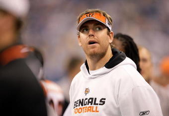 INDIANAPOLIS - DECEMBER 07:  Injured quarterback Carson Palmer of the Cincinnati Bengals looks on from the sideline against the Indianapolis Colts at Lucas Oil Stadium on December 7, 2008 in Indianapolis, Indiana.  (Photo by Andy Lyons/Getty Images)