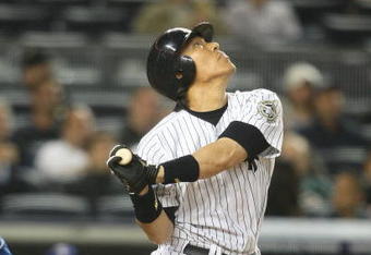 NEW YORK - JUNE 03:  Hideki Matsui #55 of the New York Yankees bats against the Texas Rangers on June 3, 2009 at Yankee Stadium in the Bronx borough of New York City.  (Photo by Nick Laham/Getty Images)