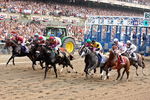 ELMONT, NY - JUNE 07:  Big Brown (R) ridden by jockey Kent Desormeaux and the field come out of the gate to start the 140th running of the Belmont Stakes at Belmont Park on June 7, 2008 in Elmont, New York.  (Photo by Al Bello/Getty Images)
