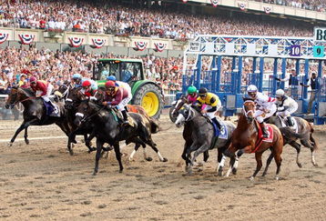 ELMONT, NY - JUNE 07:  Big Brown (R) ridden by jockey Kent Desormeaux and the field come out of the gate to start the 140th running of the Belmont Stakes at Belmont Park on June 7, 2008 in Elmont, New York.  (Photo by Al Bello/Getty Images)