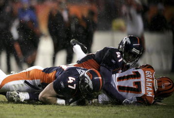 DENVER - DECEMBER 24:  John Lynch #47 of the Denver Broncos falls on the ball after a misqueued snap on an extra point attempt as Karl Paymah #41 covers kicker Shayne Graham #17 of the Cincinnati Bengals for the game winning play as the Broncos defeated the Bengals 24-23 on December 24, 2006 at Invesco Field at Mile High in Denver, Colorado.  (Photo by Doug Pensinger/Getty Images)