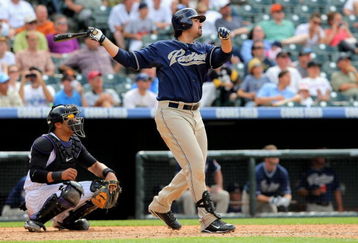 DENVER - MAY 31:  Adrian Gonzalez #23 of the San Diego Padres takes an at bat against the Colorado Rockies during MLB action at Coors Field on May 31, 2009 in Denver, Colorado. The Padres defeated the Rockies 5-2.  (Photo by Doug Pensinger/Getty Images)