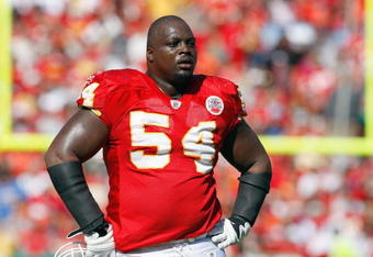 KANSAS CITY - OCTOBER 19:  Brian Waters #54 of the Kansas City Chiefs rests on the field during the game against the Tennessee Titans at Arrowhead Stadium on October 19, 2008 in Kansas City, Missouri. (Photo by: Jamie Squire/Getty Images)