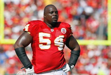 KANSAS CITY - OCTOBER 19:  Brian Waters #54 of the Kansas City Chiefs rests on the field during the game against the Tennessee Titans at Arrowhead Stadium on October 19, 2008 in Kansas City, Missouri. (Photo by: Jamie Squire/Getty Images)