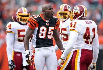 CINCINNATI - DECEMBER 14: Chad Johnson #85 of the Cincinnati Bengals has a few words with Kareem Moore #41 of the Washington Redskins during the NFL game  on December 14, 2008 at Paul Brown Stadium in Cincinnati, Ohio. The Bengals won 20-13.  (Photo by Andy Lyons/Getty Images)