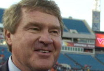 JACKSONVILLE, FL - DECEMBER 1: ACC Commissioner John Swofford and coach Frank Beamer of the Virginia Tech Hokies meet after play against the Boston College Eagles in the ACC Championship Game at Jacksonville Municipal Stadium on December 1, 2007 in Jacksonville, Florida.  The Hokies won the title 30 - 16.  (Photo by Al Messerschmidt/Getty Images)