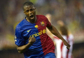 VALENCIA, SPAIN - MAY 13:  Toure Yaya of Barcelona celebrates the first goal during the Copa del Rey final match between Barcelona and Athletic Bilbao at the Mestalla stadium on May 13, 2009 in Valencia, Spain.  (Photo by Manuel Queimadelos Alonso/Getty Images)