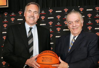 NEW YORK - MAY 13:  New head coach of the New York Knicks Mike D'Antoni (L) and team president Donnie Walsh (R) poses for a photo on May 13, 2008 at Madison Square Garden in New York City. NOTE TO USER: User expressly acknowledges and agrees that, by downloading and or using this Photograph, User is consenting to the terms and conditions of the Getty Images License Agreement.  (Photo by Mike Stobe/Getty Images)