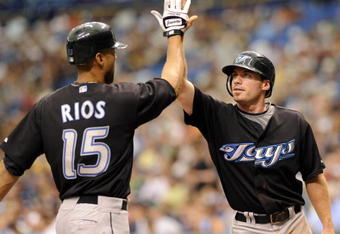 ST PETERSBURG, FL - JULY 20:  Alex Rios #15 of the Toronto Blue Jays celebrates a home run with Marco Scutaro #19 against the Tampa Bay Rays on July 20, 2008 at Tropicana Field in St. Petersburg, Florida.  (Photo by Al Messerschmidt/Getty Images)