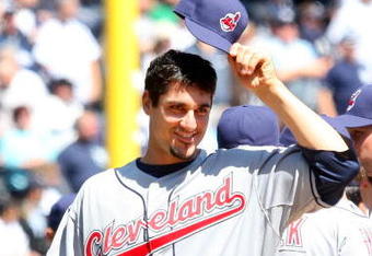 NEW YORK - APRIL 16:  Carl Pavano #44 of the Cleveland Indians tips his hat during player introductions before the opening day game against the New York Yankees at the new Yankee Stadium on April 16, 2009 in the Bronx borough of New York City. This is the first regular season MLB game being played at the new venue which replaced the old Yankee Stadium as the Yankees home field.  (Photo by Jim McIsaac/Getty Images)