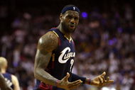 ORLANDO, FL - MAY 30: LeBron James #23 of the Cleveland Cavaliers reacts after a play against the Orlando Magic in Game Six of the Eastern Conference Finals during the 2009 Playoffs at Amway Arena on May 30, 2009 in Orlando, Florida. NOTE TO USER: User expressly acknowledges and agrees that, by downloading and or using this photograph, User is consenting to the terms and conditions of the Getty Images License Agreement  (Photo by Elsa/Getty Images)