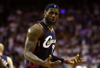 ORLANDO, FL - MAY 30: LeBron James #23 of the Cleveland Cavaliers reacts after a play against the Orlando Magic in Game Six of the Eastern Conference Finals during the 2009 Playoffs at Amway Arena on May 30, 2009 in Orlando, Florida. NOTE TO USER: User expressly acknowledges and agrees that, by downloading and or using this photograph, User is consenting to the terms and conditions of the Getty Images License Agreement  (Photo by Elsa/Getty Images)