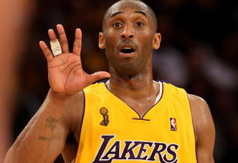 LOS ANGELES, CA - JUNE 04:  Kobe Bryant #24 of the Los Angeles Lakers looks on against the Orlando Magic in Game One of the 2009 NBA Finals at Staples Center on June 4, 2009 in Los Angeles, California. NOTE TO USER: User expressly acknowledges and agrees that, by downloading and or using this photograph, User is consenting to the terms and conditions of the Getty Images License Agreement.  (Photo by Jed Jacobsohn/Getty Images)