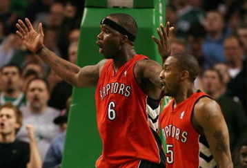 BOSTON - NOVEMBER 10:  Jermaine O'Neal #6 and Willie Solomon #5 of the Toronto Raptors react after a foul is called on a teammate in the second half against the Boston Celtics on November 10,  2008 at TD Banknorth Garden in Boston, Massachusetts. The Celtics defeated the Toronto Raptors 94-87.  NOTE TO USER: User expressly acknowledges and agrees that, by downloading and/or using this Photograph, user is consenting to the terms and conditions of the Getty Images License Agreement.  (Photo by Elsa/Getty Images)