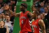BOSTON - NOVEMBER 10:  Jermaine O'Neal #6 and Willie Solomon #5 of the Toronto Raptors react after a foul is called on a teammate in the second half against the Boston Celtics on November 10,  2008 at TD Banknorth Garden in Boston, Massachusetts. The Celtics defeated the Toronto Raptors 94-87.  NOTE TO USER: User expressly acknowledges and agrees that, by downloading and/or using this Photograph, user is consenting to the terms and conditions of the Getty Images License Agreement.  (Photo by Elsa/Getty Images)