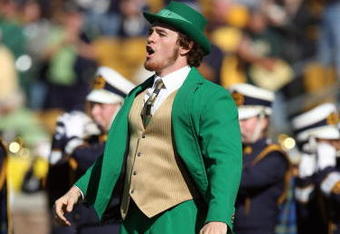 SOUTH BEND, IN - OCTOBER 20: The leprechaun mascot of the Notre Dame Fighting Irish yells on the field during the game against the University of Southern California Trojans at Notre Dame Stadium October 20, 2007 in South Bend, Indiana. USC defeated Notre Dame 38-0. (Photo by Jonathan Daniel/Getty Images)