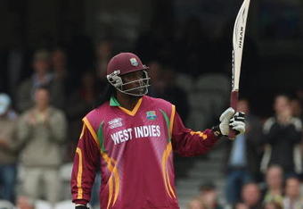 LONDON, ENGLAND - JUNE 06:  Chris Gayle of West Indies reaches 50 during the ICC Twenty20 World Cup match between Australia and West Indies at The Brit Oval on June 6, 2009 in London, England.  (Photo by Hamish Blair/Getty Images)