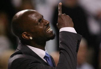 BOSTON - MAY 04:  Kevin Garnett of the Boston Celtics reacts after a foul is called against a teammate in the fourth quarter against the Orlando Magic in Game One of the Eastern Conference Semifinals during the 2009 NBA Playoffs at TD Banknorth Garden on May 4, 2009 in Boston, Massachusetts. The Magic defeated the Celtics 95-90. NOTE TO USER: User expressly acknowledges and agrees that, by downloading and or using this photograph, User is consenting to the terms and conditions of the Getty Images License Agreement.  (Photo by Elsa/Getty Images)