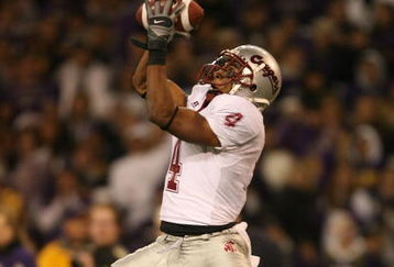 SEATTLE - NOVEMBER 24:  Wide receiver Brandon Gibson #4 of the Washington State Cougars makes the winning touchdown catch against the Washington Huskies at Husky Stadium on November 24, 2007 in Seattle, Washington. (Photo by Otto Greule Jr/Getty Images)