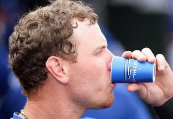 SURPRISE, AZ - MARCH 05:  Josh Hamilton of the Texas Rangers drinks froma powerade cup during the spring training game against the San Diego Padres at Surprise Stadium on March 5, 2009 in Surprise, Arizona. The Rangers defeated the Padres 4-3.  (Photo by Christian Petersen/Getty Images)