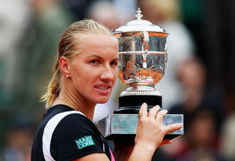 PARIS - JUNE 06:  Svetlana Kuznetsova of Russia poses with the trophy following her victory during the Women's Singles Final match against Dinara Safina of Russia on day fourteen of the French Open at Roland Garros on June 6, 2009 in Paris, France.  (Photo by Ryan Pierse/Getty Images)