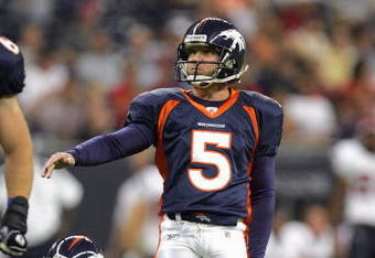 HOUSTON - AUGUST 9: Kicker Matt Prater #5 of the Denver Broncos follows his field goal attempt during the game against the Houston Texans at Reliant Stadium on August 9, 2008 in Houston, Texas. (Photo by: Ronald Martinez/Getty Images)