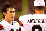 CLEVELAND, OH - AUGUST 7:  Brady Quinn #10 of the Cleveland Browns talks to Derek Anderson #3 on the sideline against the New York Jets during a preseason NFL game at Cleveland Browns Stadium on August 7, 2008 in Cleveland, Ohio. (Photo by Joe Robbins/Getty Images)
