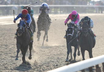 ELMONT, NY - JUNE 06:  Summer Bird riden by Kent J. Desormeaux (L) passes Mine That Bird riden by Calvin Borel takes to take the lead en route to winning the 141st Running of the Belmont Stakes at Belmont Racetrack on June 6, 2009 in Elmont, New York.  (Photo by Nick Laham/Getty Images)