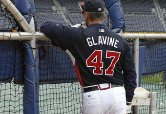 ATLANTA - MARCH 31: Pitcher Tom Glavine #47 of the Atlanta Braves waits for his turn in the batting cage before the game against the Pittsburgh Pirates at Turner Field March 31, 2008 in Atlanta, Georgia.  (Photo by Mike Zarrilli/Getty Images)