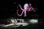 DETROIT - JUNE 06:  A giant octopus is lowered to the ice during pregame before the Detroit Red Wings face the Pittsburgh Penguins during Game Five of the 2009 NHL Stanley Cup Finals at Joe Louis Arena on June 6, 2009 in Detroit, Michigan.  (Photo by Harry How/Getty Images)