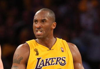 LOS ANGELES, CA - JUNE 04:  Kobe Bryant #24 of the Los Angeles Lakers reacts in the second half against the Orlando Magic in Game One of the 2009 NBA Finals at Staples Center on June 4, 2009 in Los Angeles, California. NOTE TO USER: User expressly acknowledges and agrees that, by downloading and or using this photograph, User is consenting to the terms and conditions of the Getty Images License Agreement.  (Photo by Jed Jacobsohn/Getty Images)