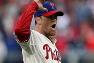 PHILADELPHIA - APRIL 08:  Brad Lidge #54 of the Philadelphia Phillies celebrates victory against the Atlanta Braves at Citizens Bank Park on April 8, 2009 in Philadelphia, Pennsylvania.  (Photo by Nick Laham/Getty Images)