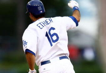 LOS ANGELES, CA - JUNE 06:  Andre Ethier #16 of the Los Angeles Dodgers celebrates as he rounds the bases after hitting a walk-off home run to win the game in the 12th inning against the Philadelphia Phillies at Dodger Stadium on June 6, 2009 in Los Angeles, California. The Dodgers defeated the Phillies 3-2 in twelve innings.  (Photo by Jeff Gross/Getty Images)