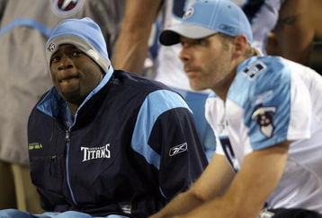 JACKSONVILLE, FL - NOVEMBER 16:  Quarterbacks Kerry Collins #5 and Vince Young #10 of the Tennessee Titans talk on the sidelines in the second half while taking on the Jacksonville Jaguars at Jacksonville Municipal Stadium on November 16, 2008 in Jacksonville, Florida. The Titans defeated the Jaguars 24-14.  (Photo by Doug Benc/Getty Images)