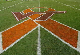 BLACKSBURG, VA - SEPTEMBER 01:  Worsham Field is painted to show support for the Hokies and the 32 victims of April's campus shooting during the matchup against the East Carolina Pirates on September 1, 2007 at Lane Stadium in Blacksburg, Virginia.  (Photo by Kevin C. Cox/Getty Images)