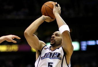 SALT LAKE CITY - APRIL 25:  Carlos Boozer #5 of the Utah Jazz shoots in Game Four of the Western Conference Quarterfinals against the Los Angeles Lakers during the 2009 NBA Playoffs at Energy Solutions Arena on April 25, 2009 in Salt Lake City, Utah.  The Lakers won 108-94.  NOTE TO USER: User expressly acknowledges and agrees that, by downloading and/or using this Photograph, user is consenting to the terms and conditions of the Getty Images License Agreement.  (Photo by Otto Greule Jr/Getty Images)  