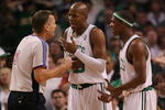 BOSTON - MAY 02:  Ray Allen #20 and Rajon Rondo #9 of the Boston Celtics discuss a call with referee Steve Javie #29 in the second half against the Chicago Bulls in Game Seven of the Eastern Conference Quarterfinals during the 2009 NBA Playoffs at TD Banknorth Garden on May 2, 2009 in Boston, Massachusetts. The Celtics defeated the Bulls 109-99. NOTE TO USER: User expressly acknowledges and agrees that, by downloading and or using this photograph, User is consenting to the terms and conditions of the Getty Images License Agreement.  (Photo by Elsa/Getty Images)