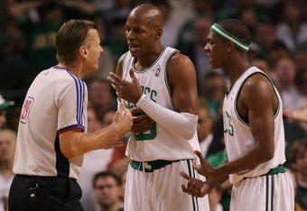 BOSTON - MAY 02:  Ray Allen #20 and Rajon Rondo #9 of the Boston Celtics discuss a call with referee Steve Javie #29 in the second half against the Chicago Bulls in Game Seven of the Eastern Conference Quarterfinals during the 2009 NBA Playoffs at TD Banknorth Garden on May 2, 2009 in Boston, Massachusetts. The Celtics defeated the Bulls 109-99. NOTE TO USER: User expressly acknowledges and agrees that, by downloading and or using this photograph, User is consenting to the terms and conditions of the Getty Images License Agreement.  (Photo by Elsa/Getty Images)