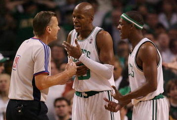 BOSTON - MAY 02:  Ray Allen #20 and Rajon Rondo #9 of the Boston Celtics discuss a call with referee Steve Javie #29 in the second half against the Chicago Bulls in Game Seven of the Eastern Conference Quarterfinals during the 2009 NBA Playoffs at TD Banknorth Garden on May 2, 2009 in Boston, Massachusetts. The Celtics defeated the Bulls 109-99. NOTE TO USER: User expressly acknowledges and agrees that, by downloading and or using this photograph, User is consenting to the terms and conditions of the Getty Images License Agreement.  (Photo by Elsa/Getty Images)