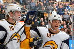 TORONTO - APRIL 8:  Thomas Vanek #26 and Tim Connolly #19 of the Buffalo Sabres celebrate Vanek's  third-period goal against the Toronto Maple Leafs in NHL action at the Air Canada Centre April 8, 2009 in Toronto, Ontario.(Photo By Dave Sandford/Getty Images)