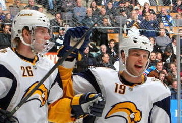 TORONTO - APRIL 8:  Thomas Vanek #26 and Tim Connolly #19 of the Buffalo Sabres celebrate Vanek's  third-period goal against the Toronto Maple Leafs in NHL action at the Air Canada Centre April 8, 2009 in Toronto, Ontario.(Photo By Dave Sandford/Getty Images)