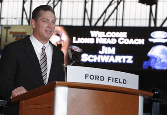 DETROIT , MI - JANUARY 16:  Jim Schwartz head coach of the Detroit Lions talks during a press conference after being introduced on January 16, 2009 at Ford Field in Detroit, Michigan.  (Photo by Gregory Shamus/Getty Images)