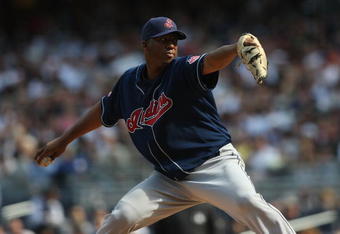 NEW YORK - APRIL 18:  Fausto Carmona #55 of the Cleveland Indians pitches against the New York Yankees at Yankee Stadium on April 18, 2009 in the Bronx borough of New York City.  (Photo by Nick Laham/Getty Images)