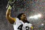 TAMPA, FL - FEBRUARY 01:  Troy Polamalu #43 of the Pittsburgh Steelers celebrates as confetti falls after they 27-23 win against the Arizona Cardinals during Super Bowl XLIII on February 1, 2009 at Raymond James Stadium in Tampa, Florida.  (Photo by Chris McGrath/Getty Images)