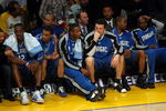 LOS ANGELES, CA - JUNE 04:  (L-R) Tyronn Lue #10, Dwight Howard #12, Courtney Lee #11, Rashard Lewis #9, Hedo Turkoglu #15, Rafer Alston #1 and Anthony Johnson #8 of the Orlando Magic sit on the bench in the second half against the Los Angeles Lakers in Game One of the 2009 NBA Finals at Staples Center on June 4, 2009 in Los Angeles, California. NOTE TO USER: User expressly acknowledges and agrees that, by downloading and or using this photograph, User is consenting to the terms and conditions of the Getty Images License Agreement.  (Photo by Stephen Dunn/Getty Images)