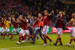 SOLNA, SWEDEN - JUNE 06:  Denmark players celebrate after their 1-0 victory at the final whistle in the FIFA2010 World Cup Qualifying Group 1 match between Sweden and Denmark at the Rasunda Stadium on June 6, 2009 in Solna, Sweden.  (Photo by Michael Steele/Getty Images)